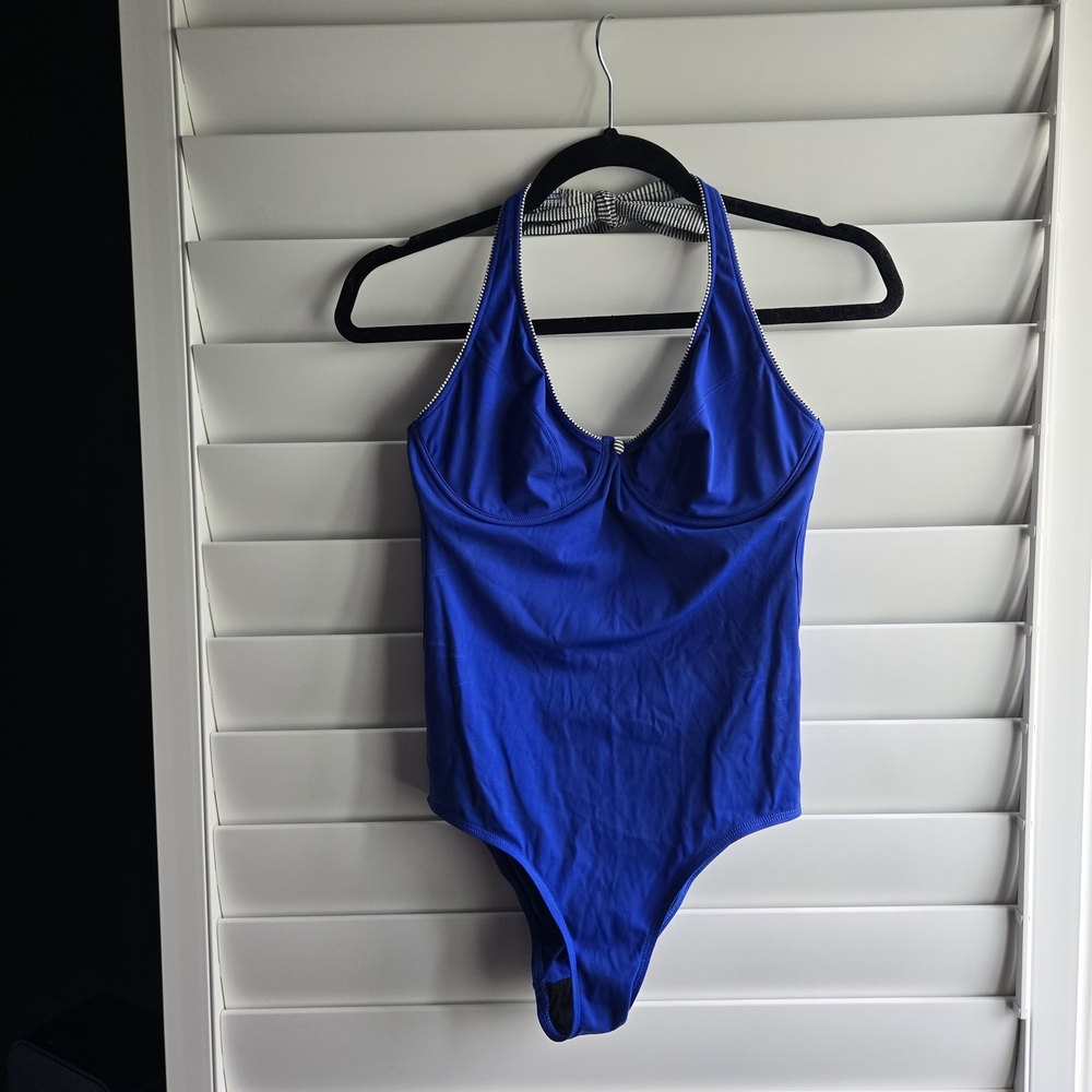 Womens Electric Blue One Piece Vintage Swimsuit With Striped Halter Bow